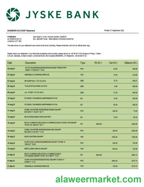 Jyske Bank business statement Word and PDF template